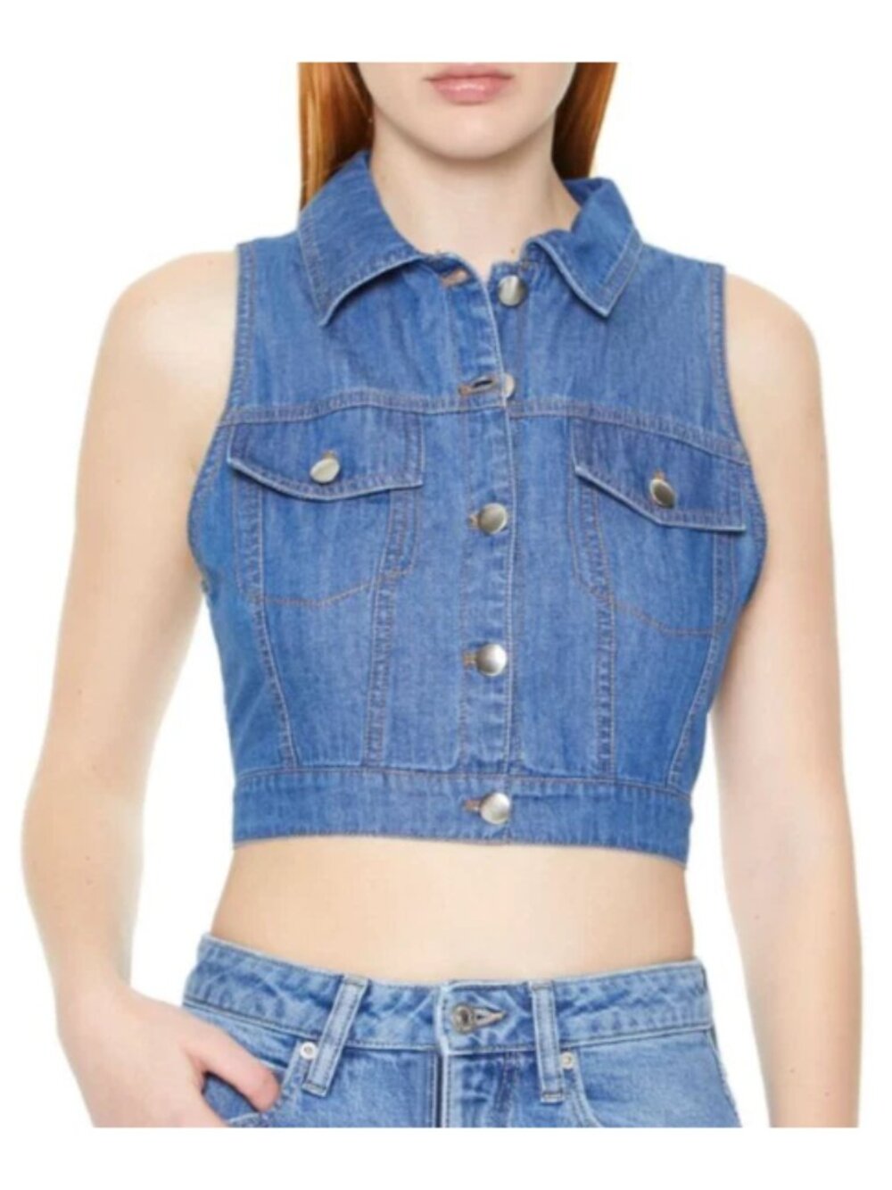 Blue denim sleeveless button down crop vest top Women Size SMALL y2k 90s cropped